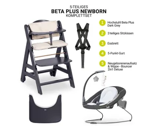 Hochstuhl Beta Plus Dark Grey - Newborn Set Deluxe, Holz Babystuhl ab Geburt mit Neugeborenenaufsatz, Sitzkissen, Essbrett by Hauck in Grey – product photo 2 of 5