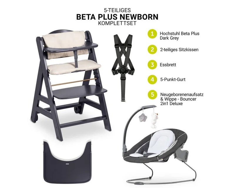 Hochstuhl Beta Plus Dark Grey - Newborn Set Deluxe, Holz Babystuhl ab Geburt mit Neugeborenenaufsatz, Sitzkissen, Essbrett by Hauck in Grey – product photo 2 of 5