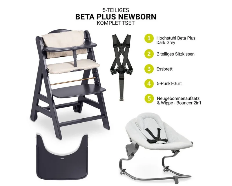 Hochstuhl Beta Plus Dark Grey - Newborn Set Premium (Set), Babystuhl ab Geburt mit Neugeborenen Aufsatz, Sitzpolster & Essbrett by Hauck in Grey – product photo 2 of 4