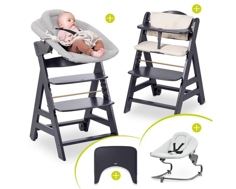 Hochstuhl Beta Plus Dark Grey - Newborn Set Premium (Set), Babystuhl ab Geburt mit Neugeborenen Aufsatz, Sitzpolster & Essbrett van Hauck in Grau – productfoto