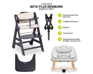 Hochstuhl Beta Plus Dark Grey Newbornset Eco - Light Grey (Set), Holz Babystuhl ab Geburt mit Neugeborenensufsatz, Sitzkissen, Essbrett by Hauck in Grey – product photo 2 of 4