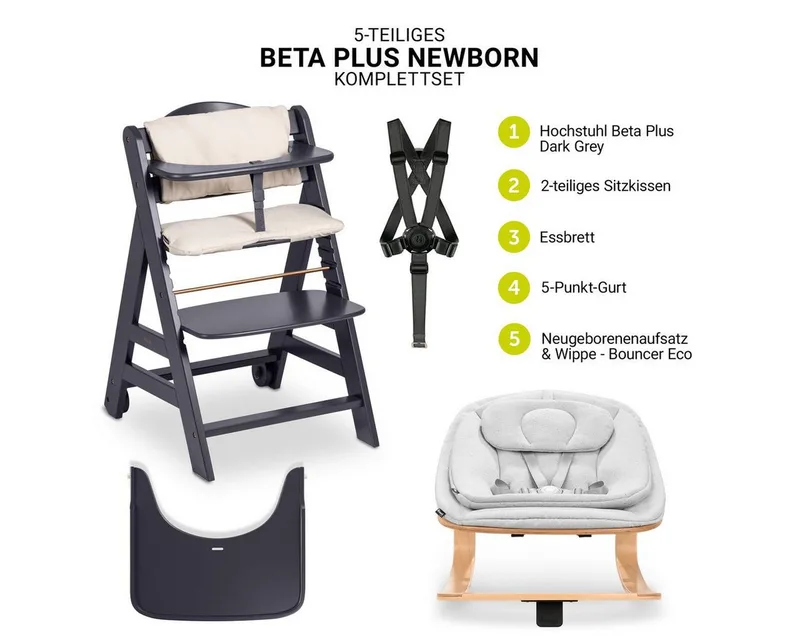 Hochstuhl Beta Plus Dark Grey Newbornset Eco - Light Grey (Set), Holz Babystuhl ab Geburt mit Neugeborenensufsatz, Sitzkissen, Essbrett by Hauck in Grey – product photo 2 of 4