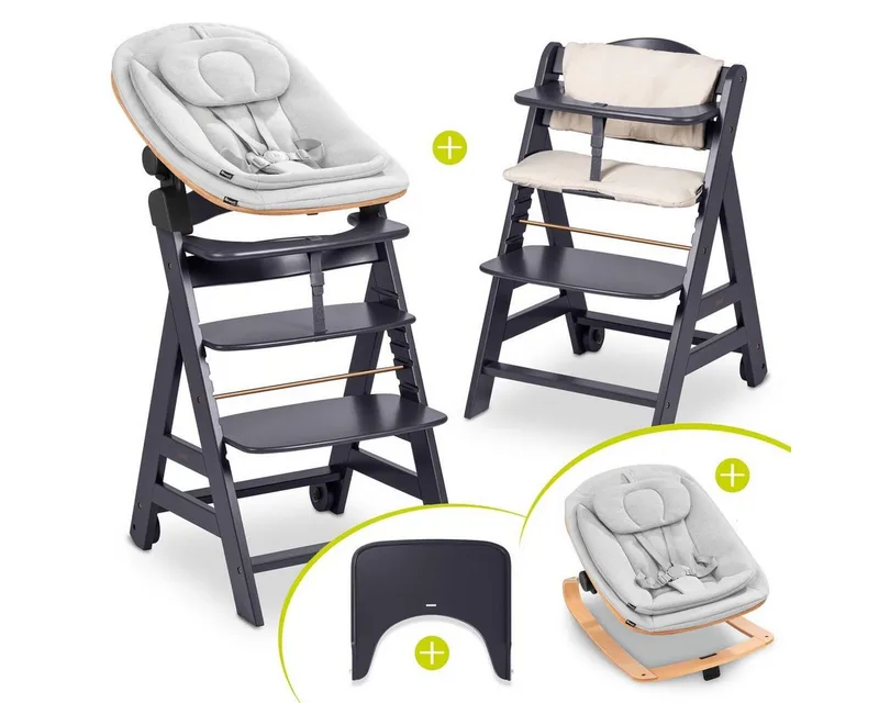 Hochstuhl Beta Plus Dark Grey Newbornset Eco - Light Grey (Set), Holz Babystuhl ab Geburt mit Neugeborenensufsatz, Sitzkissen, Essbrett van Hauck in Grau – productfoto