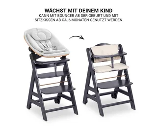 Hochstuhl Beta Plus Dark Grey Newbornset Eco - Light Grey (Set), Holz Babystuhl ab Geburt mit Neugeborenensufsatz, Sitzkissen, Essbrett by Hauck in Grey – product photo 4 of 4