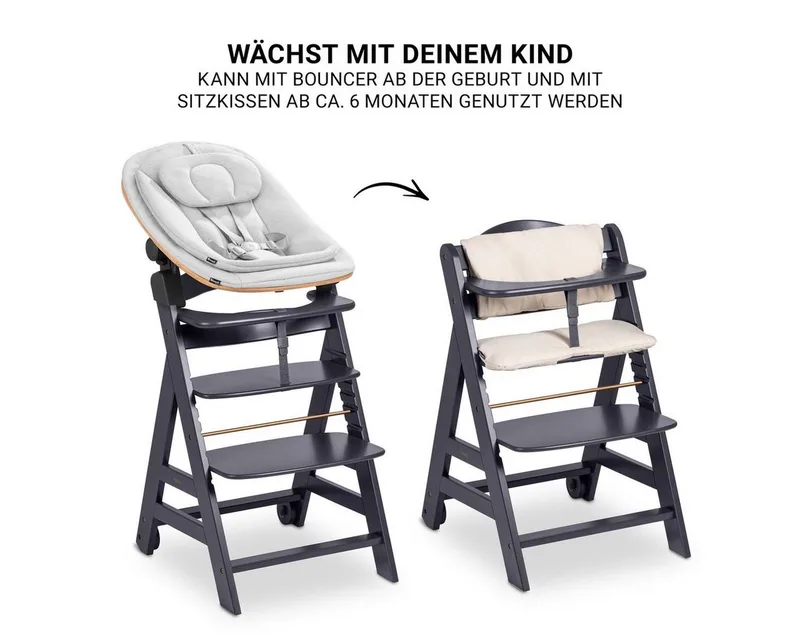 Hochstuhl Beta Plus Dark Grey Newbornset Eco - Light Grey (Set), Holz Babystuhl ab Geburt mit Neugeborenensufsatz, Sitzkissen, Essbrett by Hauck in Grey – product photo 4 of 4