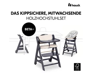 Hochstuhl Beta Plus Dark Grey Newbornset Eco - Light Grey (Set), Holz Babystuhl ab Geburt mit Neugeborenensufsatz, Sitzkissen, Essbrett by Hauck in Grey – product photo 3 of 4
