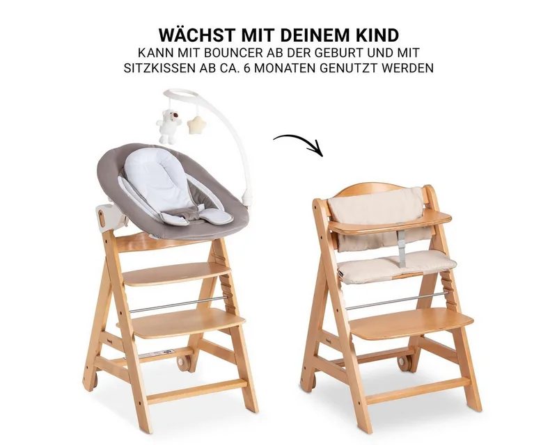 Hochstuhl Beta Plus Natur - Newborn Set Deluxe, Holz Babystuhl ab Geburt, Aufsatz für Neugeborene, Sitzkissen, Tisch by Hauck in Beige – product photo 4 of 5