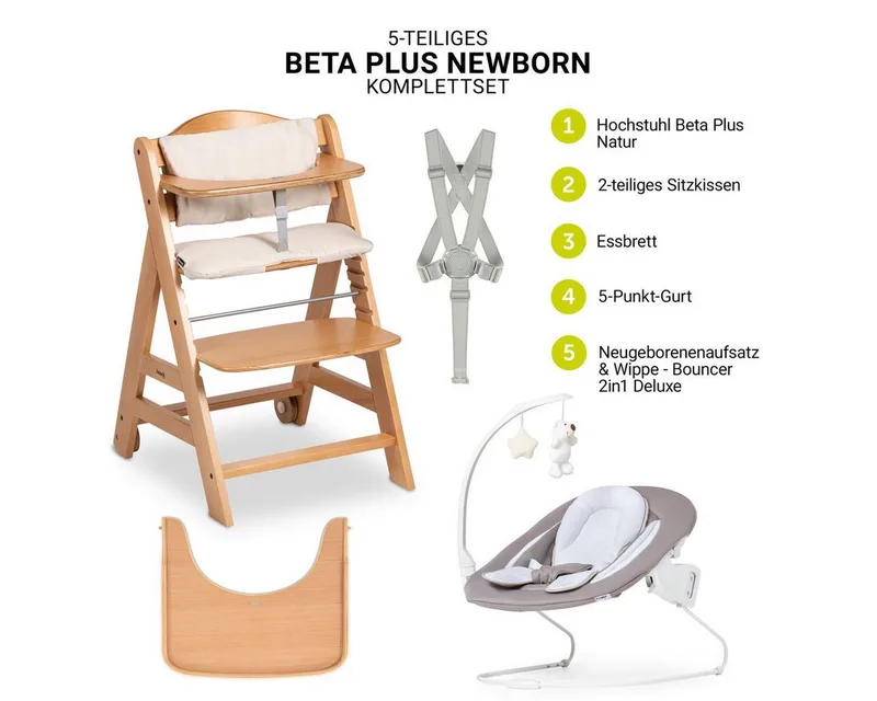 Hochstuhl Beta Plus Natur - Newborn Set Deluxe, Holz Babystuhl ab Geburt, Aufsatz für Neugeborene, Sitzkissen, Tisch by Hauck in Beige – product photo 2 of 5