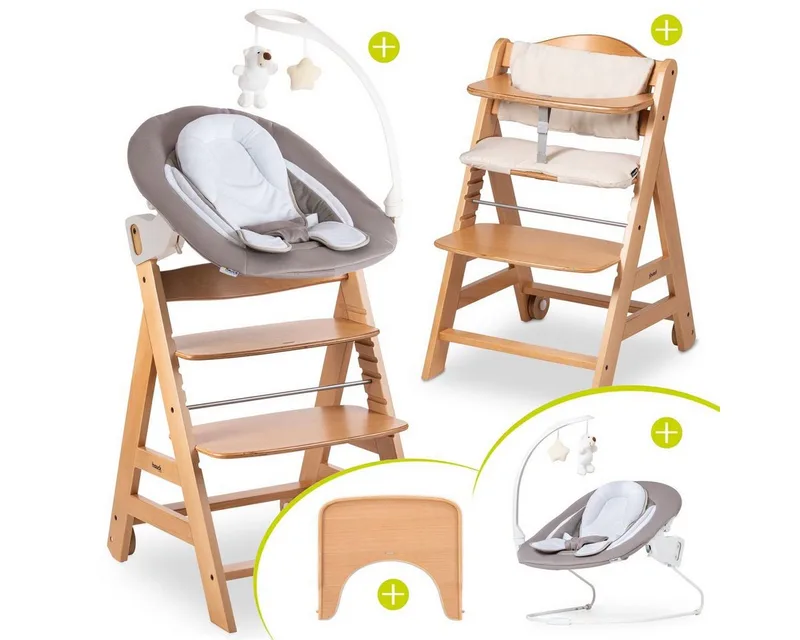 Hochstuhl Beta Plus Natur - Newborn Set Deluxe, Holz Babystuhl ab Geburt, Aufsatz für Neugeborene, Sitzkissen, Tisch de Hauck en Beige – photo produit