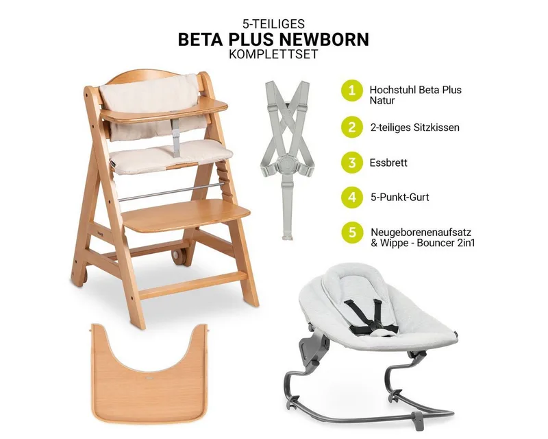 Hochstuhl Beta Plus Natural - Newborn Set Premium (Set), Babyhochstuhl ab Geburt mit Neugeborenen Aufsatz, Sitzkissen, Essbrett by Hauck in Beige – product photo 2 of 4