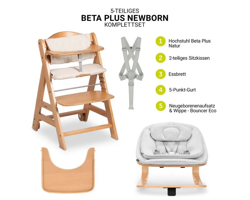 Hochstuhl Beta Plus Natural Newbornset Eco - Light Grey (Set), Holz Babystuhl ab Geburt mit Neugeborenensufsatz, Sitzkissen, Essbrett von Hauck in Beige – Produktfoto 2 von 4