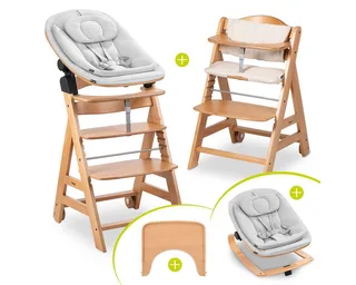 Hochstuhl Beta Plus Natural Newbornset Eco - Light Grey (Set), Holz Babystuhl ab Geburt mit Neugeborenensufsatz, Sitzkissen, Essbrett von Hauck in Beige – Produktfoto 1 von 4