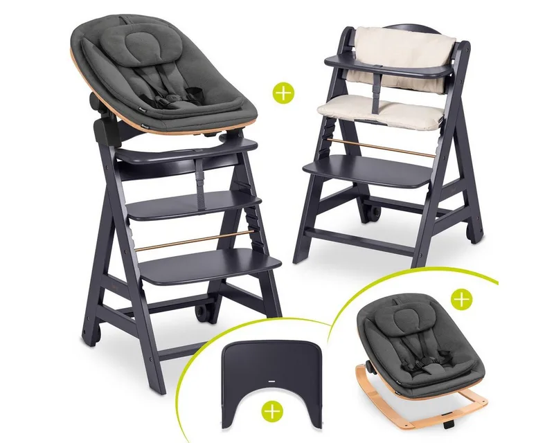 Hochstuhl Beta Plus Newborn Set - Eco - Dark Grey, Holz Babyhochstuhl ab Geburt mit Neugeborenensufsatz & Sitzkissen by Hauck in Grau – product photo