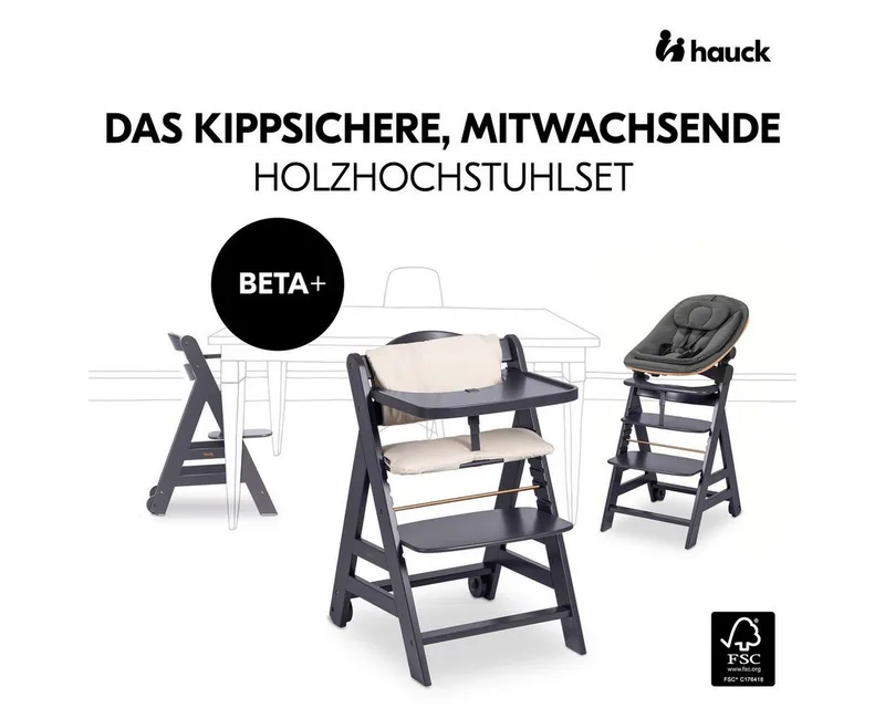 Hochstuhl Beta Plus Newborn Set - Eco - Dark Grey, Holz Babyhochstuhl ab Geburt mit Neugeborenensufsatz & Sitzkissen by Hauck in Grey – product photo 3 of 5