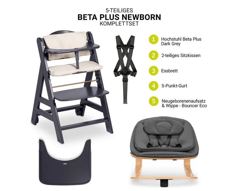 Hochstuhl Beta Plus Newborn Set - Eco - Dark Grey, Holz Babyhochstuhl ab Geburt mit Neugeborenensufsatz & Sitzkissen by Hauck in Grey – product photo 2 of 5