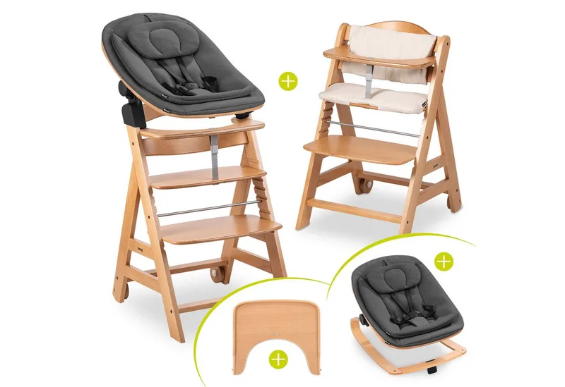 Hochstuhl Beta Plus Newborn Set Eco - Natural, Holz Babystuhl ab Geburt mit Neugeborenensufsatz, Sitzkissen, Essbrett by Hauck – product photo