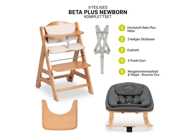 Hochstuhl Beta Plus Newborn Set Eco - Natural, Holz Babystuhl ab Geburt mit Neugeborenensufsatz, Sitzkissen, Essbrett von Hauck – Produktfoto 2 von 5