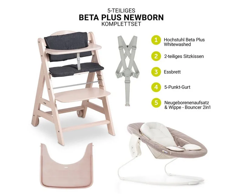 Hochstuhl Beta Plus Whitewashed Newborn Set - Stretch Babystuhl ab Geburt inkl. Aufsatz für Neugeborene, Tisch, Sitzauflage von Hauck in Beige – Produktfoto 2 von 4