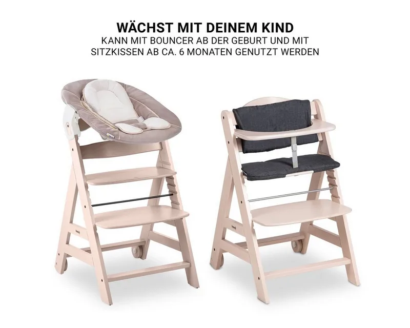 Hochstuhl Beta Plus Whitewashed Newborn Set - Stretch Babystuhl ab Geburt inkl. Aufsatz für Neugeborene, Tisch, Sitzauflage von Hauck in Beige – Produktfoto 3 von 4