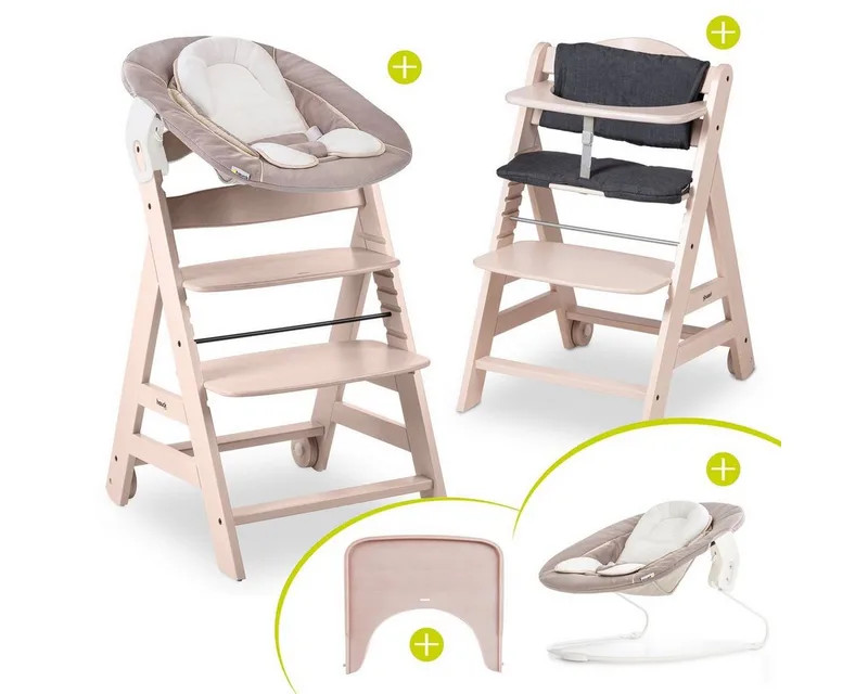 Hochstuhl Beta Plus Whitewashed Newborn Set - Stretch Babystuhl ab Geburt inkl. Aufsatz für Neugeborene, Tisch, Sitzauflage by Hauck in Beige – product photo