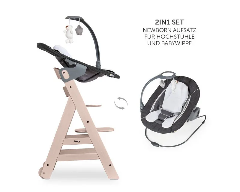 Hochstuhl Beta Plus Whitewashed Newborn SetWippe Deluxe, Holz Babystuhl ab Geburt mit Neugeborenensufsatz, Sitzkissen, Essbrett by Hauck in White – product photo 4 of 4