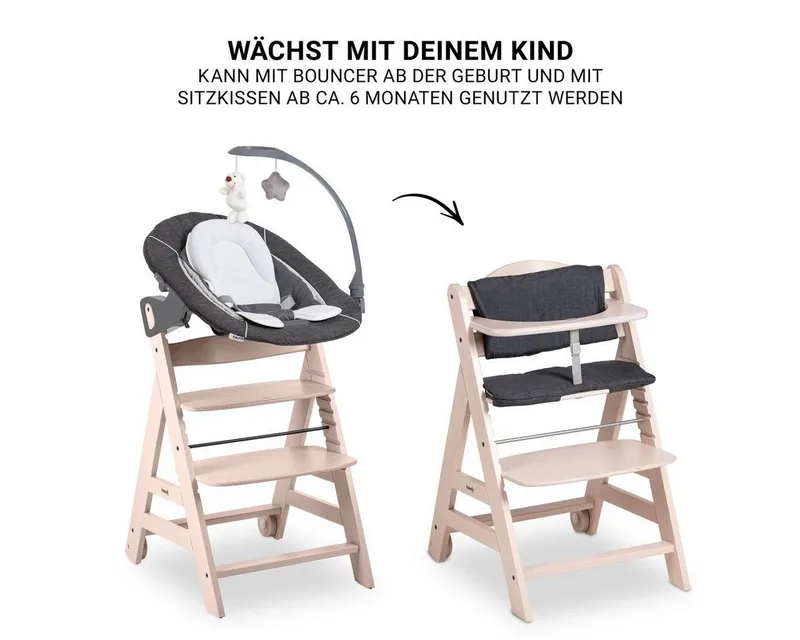 Hochstuhl Beta Plus Whitewashed Newborn SetWippe Deluxe, Holz Babystuhl ab Geburt mit Neugeborenensufsatz, Sitzkissen, Essbrett by Hauck in White – product photo 3 of 4