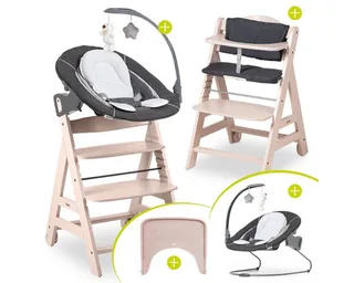 Hochstuhl Beta Plus Whitewashed Newborn SetWippe Deluxe, Holz Babystuhl ab Geburt mit Neugeborenensufsatz, Sitzkissen, Essbrett by Hauck in White – product photo 1 of 4