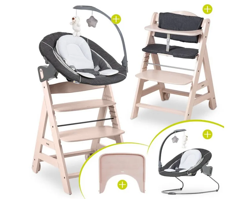 Hochstuhl Beta Plus Whitewashed Newborn SetWippe Deluxe, Holz Babystuhl ab Geburt mit Neugeborenensufsatz, Sitzkissen, Essbrett de Hauck en Weiß – photo produit
