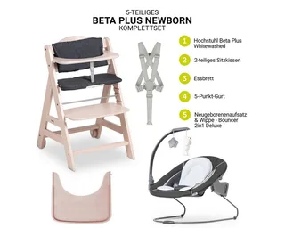 Hochstuhl Beta Plus Whitewashed Newborn SetWippe Deluxe, Holz Babystuhl ab Geburt mit Neugeborenensufsatz, Sitzkissen, Essbrett by Hauck in White – product photo 2 of 4
