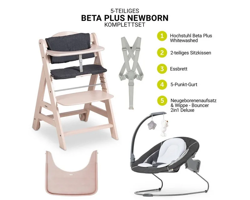 Hochstuhl Beta Plus Whitewashed Newborn SetWippe Deluxe, Holz Babystuhl ab Geburt mit Neugeborenensufsatz, Sitzkissen, Essbrett by Hauck in White – product photo 2 of 4