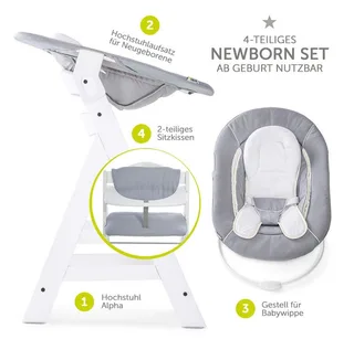 Hochstuhl Hauck Alpha Plus White Newborn Set (Set, 4 St), Holz Babyhochstuhl ab Geburt inkl. Neugeborenenaufsatz & Sitzauflage von Hauck in Weiß – Produktfoto 2 von 2