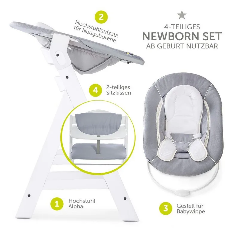 Hochstuhl Hauck Alpha Plus White Newborn Set (Set, 4 St), Holz Babyhochstuhl ab Geburt inkl. Neugeborenenaufsatz & Sitzauflage von Hauck in Weiß – Produktfoto 2 von 2