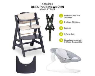 Hochstuhl Hauck Beta Plus Newborn Set - Dark Grey, Holz Babystuhl ab Geburt mit Neugeborenenaufsatz, Sitzkissen, Essbrett von Hauck in Grau – Produktfoto 2 von 5