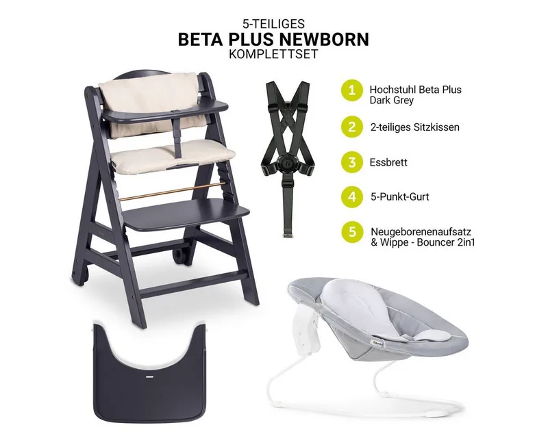 Hochstuhl Hauck Beta Plus Newborn Set - Dark Grey, Holz Babystuhl ab Geburt mit Neugeborenenaufsatz, Sitzkissen, Essbrett von Hauck in Grau – Produktfoto 2 von 5