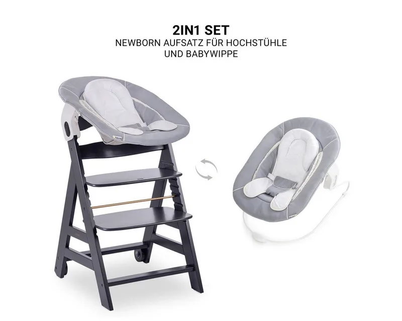 Hochstuhl Hauck Beta Plus Newborn Set - Dark Grey, Holz Babystuhl ab Geburt mit Neugeborenenaufsatz, Sitzkissen, Essbrett von Hauck in Grau – Produktfoto 5 von 5