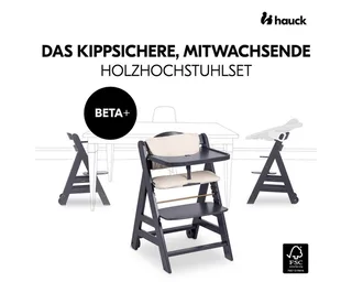 Hochstuhl Hauck Beta Plus Newborn Set - Dark Grey, Holz Babystuhl ab Geburt mit Neugeborenenaufsatz, Sitzkissen, Essbrett von Hauck in Grau – Produktfoto 3 von 5