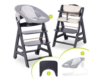 Hochstuhl Hauck Beta Plus Newborn Set - Dark Grey, Holz Babystuhl ab Geburt mit Neugeborenenaufsatz, Sitzkissen, Essbrett von Hauck in Grau – Produktfoto 1 von 5