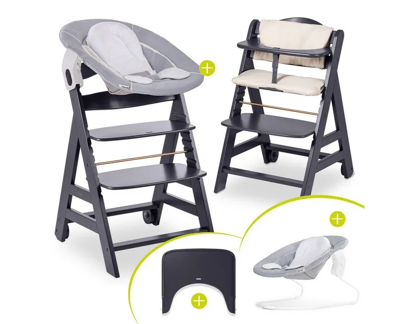 Hochstuhl Hauck Beta Plus Newborn Set - Dark Grey, Holz Babystuhl ab Geburt mit Neugeborenenaufsatz, Sitzkissen, Essbrett de Hauck en Grau – photo produit