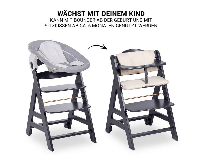 Hochstuhl Hauck Beta Plus Newborn Set - Dark Grey, Holz Babystuhl ab Geburt mit Neugeborenenaufsatz, Sitzkissen, Essbrett von Hauck in Grau – Produktfoto 4 von 5