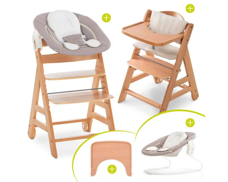 Hochstuhl Move Natur Newborn Set (5 St), Holz Babystuhl ab Geburt mit Neugeborenenaufsatz, Sitzkissen, Essbrett de Hauck en Beige – photo produit