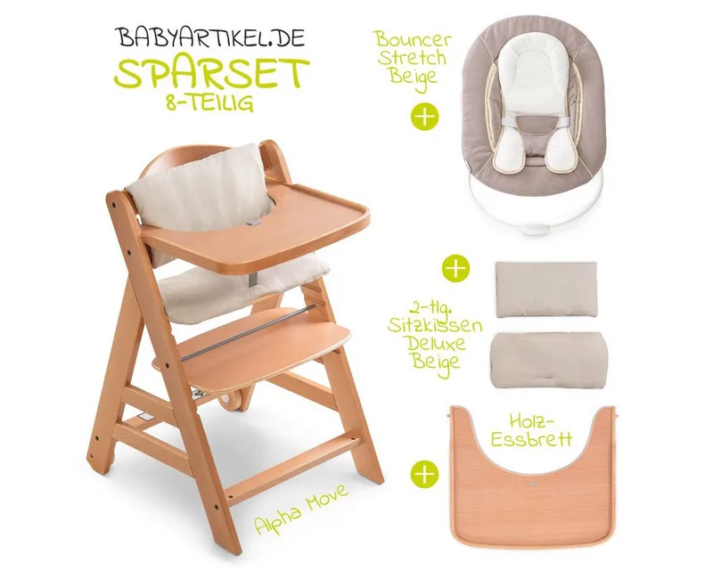 Hochstuhl Move Natur Newborn Set (5 St), Holz Babystuhl ab Geburt mit Neugeborenenaufsatz, Sitzkissen, Essbrett von Hauck in Beige – Produktfoto 2 von 5