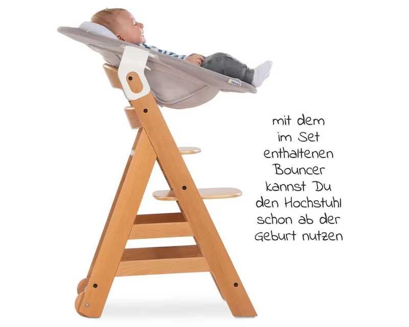 Hochstuhl Move Natur Newborn Set (5 St), Holz Babystuhl ab Geburt mit Neugeborenenaufsatz, Sitzkissen, Essbrett von Hauck in Beige – Produktfoto 3 von 5
