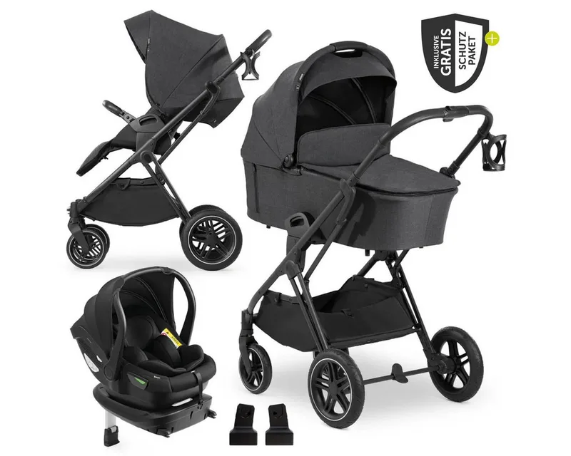 Kombi-Kinderwagen Vision X Trio Set - Melange Black, 4in1 Kinderwagen Set mit Babyschale, Babywanne, Sportsitz, Isofix Base van Hauck in Schwarz – productfoto