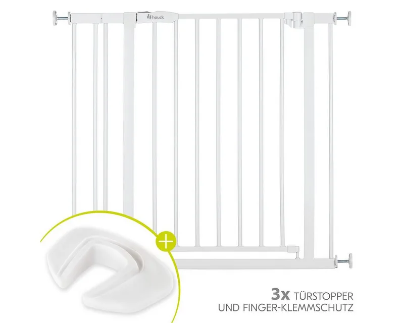 Türschutzgitter Open N Stop 2 - White, Treppenschutzgitter Set mit Verlängerung & 3x Klemmschutz ohne Bohren von Hauck in Weiß – Produktfoto