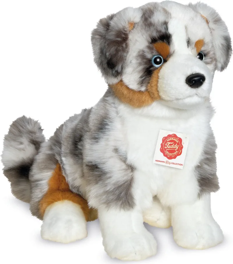 Knuffeldier hond Australische herder - zachte pluche stof - premium kwaliteit knuffels - 30 cm fra Hermann Teddy Collection i Brun, Grå, Hvid – produktbillede