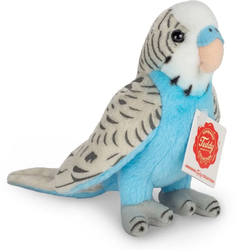 Kuscheltier Wellensittich blau, 13 cm, zum Teil aus recyceltem Material van Hermann Teddy Collection in Blauw, Grijs – productfoto