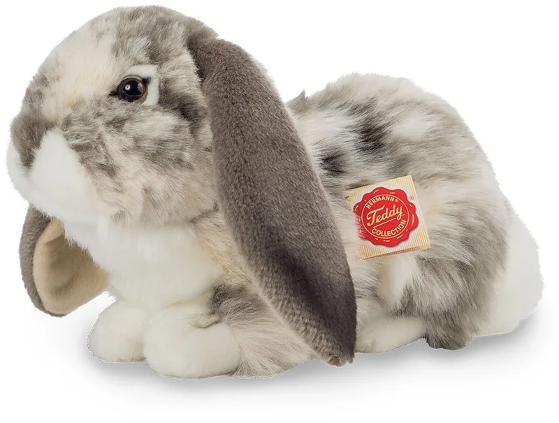 Kuscheltier Widderkaninchen liegend grau-weiß, 30 cm, zum Teil aus recyceltem Material van Hermann Teddy Collection in Grijs – productfoto