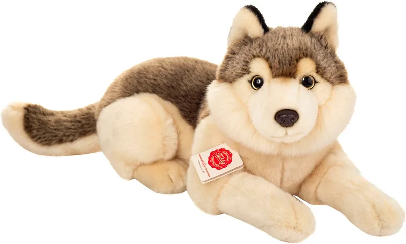 Kuscheltier Wolf liegend, 40 cm, zum Teil aus recyceltem Material van Hermann Teddy Collection in Grijs – productfoto