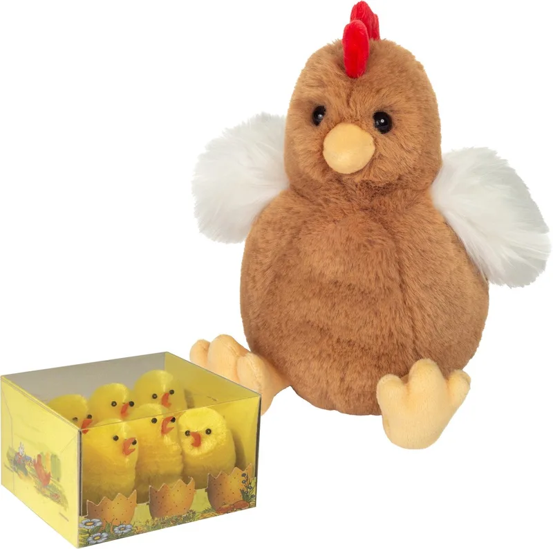 Pluche kip knuffel - 18 cm - kleur - met 6x kuikentjes van 5 cm - kippen familie - Pasen decoratie/versiering van Hermann Teddy Collection in Meerkleurig – productfoto