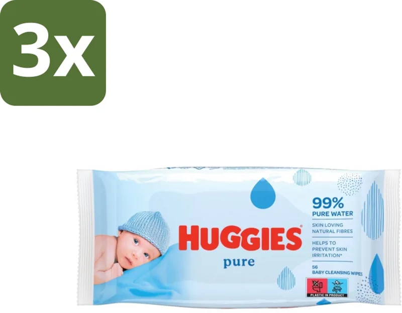 3 x Huggies - Billendoekjes - Pure - Tegen Huidirritaties - 56 Babydoekjes - Babydoekjes - Huidverzorging - Hypoallergeen - Babyhuid - Reiniging van Huggies – productfoto